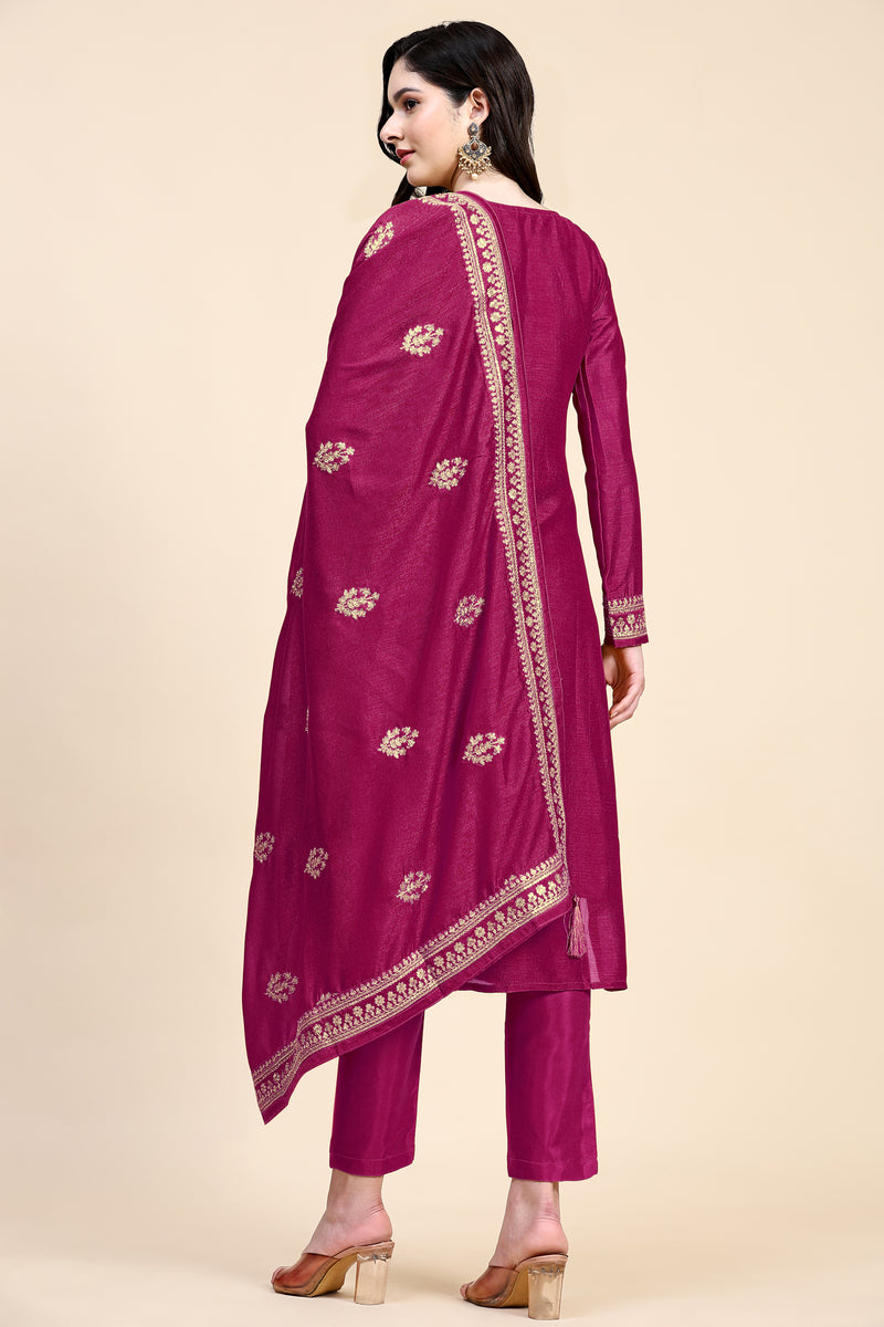 Pink Vichitra Silk Embroidery Salwar Suit Set with Dupatta for Women's