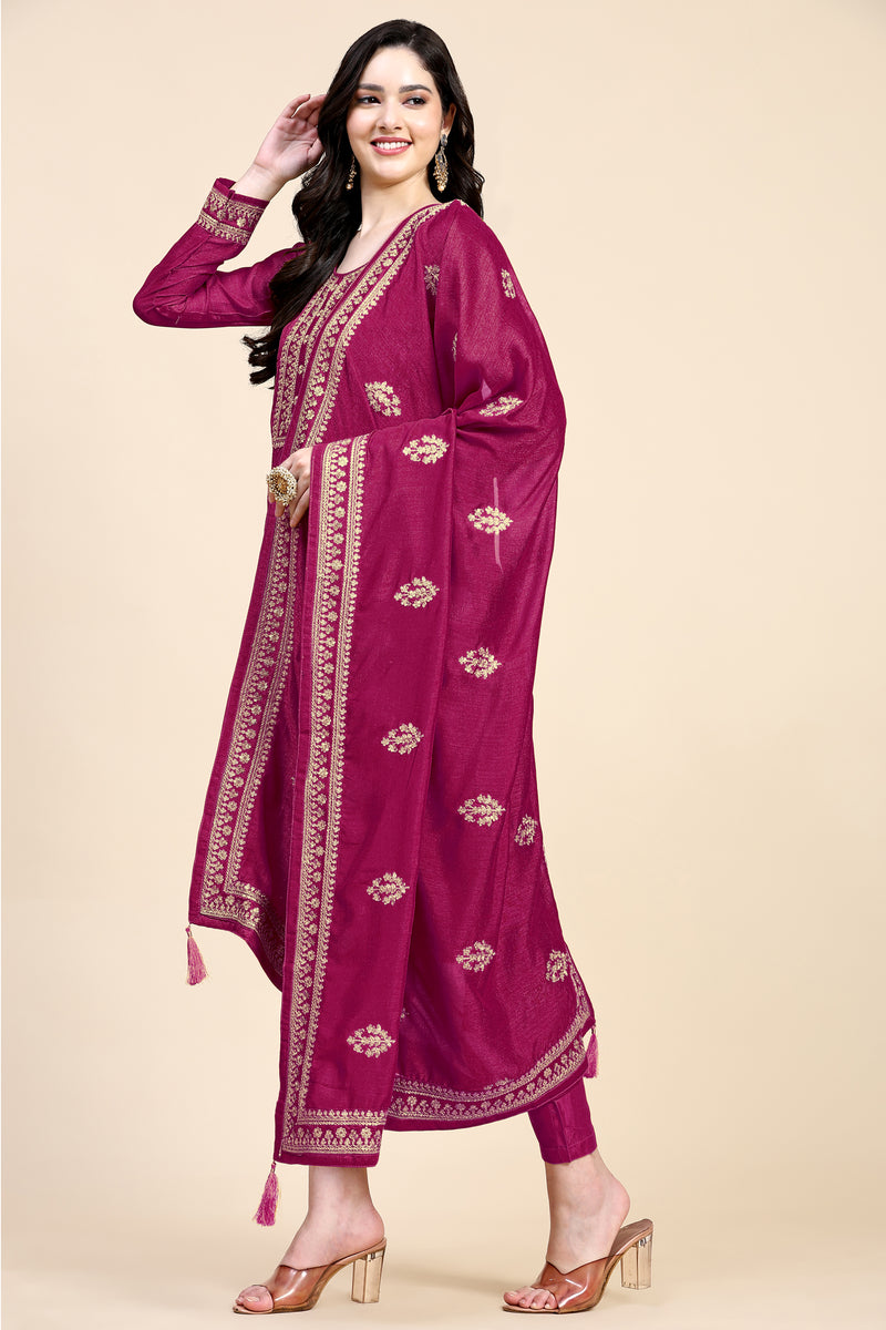 Pink Vichitra Silk Embroidery Salwar Suit Set with Dupatta for Women's