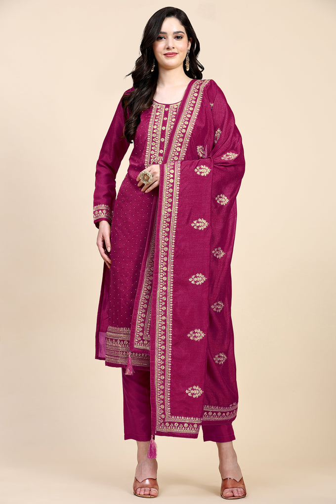 Pink Vichitra Silk Embroidery Salwar Suit Set with Dupatta for Women's Trendmallsin