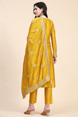 Yellow Vichitra Silk Embroidery Salwar Suit Set Kurta Pant with Dupatta Kurta Set for Women's
