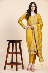 Yellow Vichitra Silk Embroidery Salwar Suit Set Kurta Pant with Dupatta Kurta Set for Women's