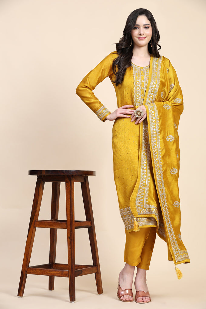Yellow Vichitra Silk Embroidery Salwar Suit Set with Dupatta for Women's Trendmallsin