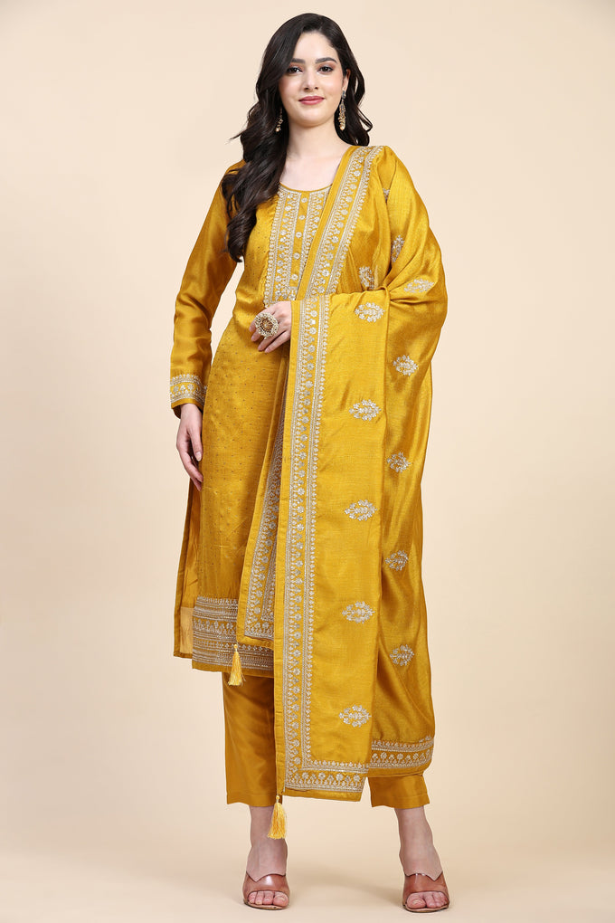 Yellow Vichitra Silk Embroidery Salwar Suit Set with Dupatta for Women's Trendmallsin