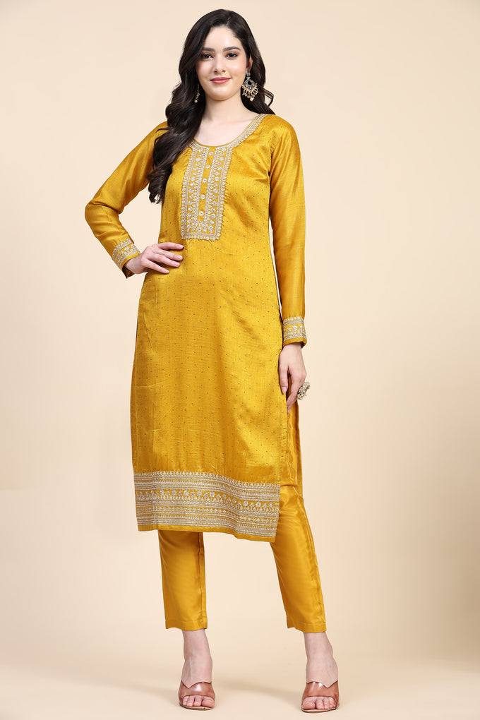 Yellow Vichitra Silk Embroidery Salwar Suit Set with Dupatta for Women's Trendmallsin