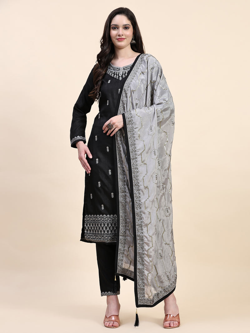 Black Vichitra Silk Embroidery Salwar Suit Set Kurta Pant with Dupatta Black Kurta Set for Women's