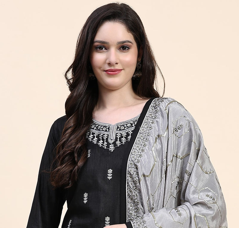 Black Vichitra Silk Embroidery Salwar Suit Set Kurta Pant with Dupatta Black Kurta Set for Women's