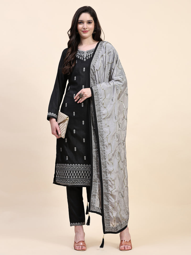 Black Vichitra Silk Embroidery Salwar Suit Set Kurta Pant with Dupatta Black Kurta Set for Women's