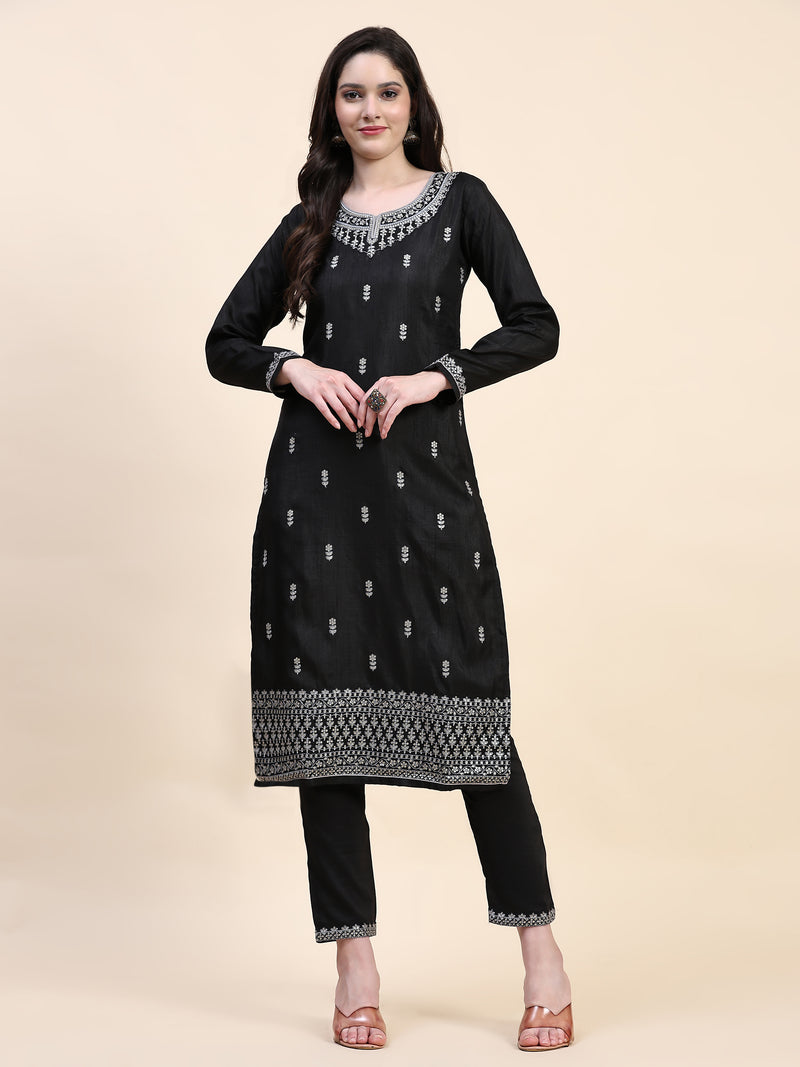 Black Vichitra Silk Embroidery Salwar Suit Set Kurta Pant with Dupatta Black Kurta Set for Women's
