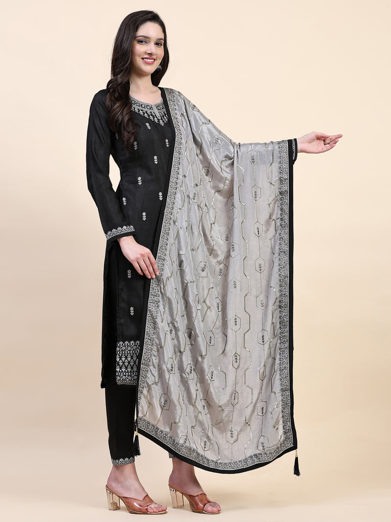 Black Vichitra Silk Embroidery Salwar Suit Set Kurta Pant with Dupatta Black Kurta Set for Women's
