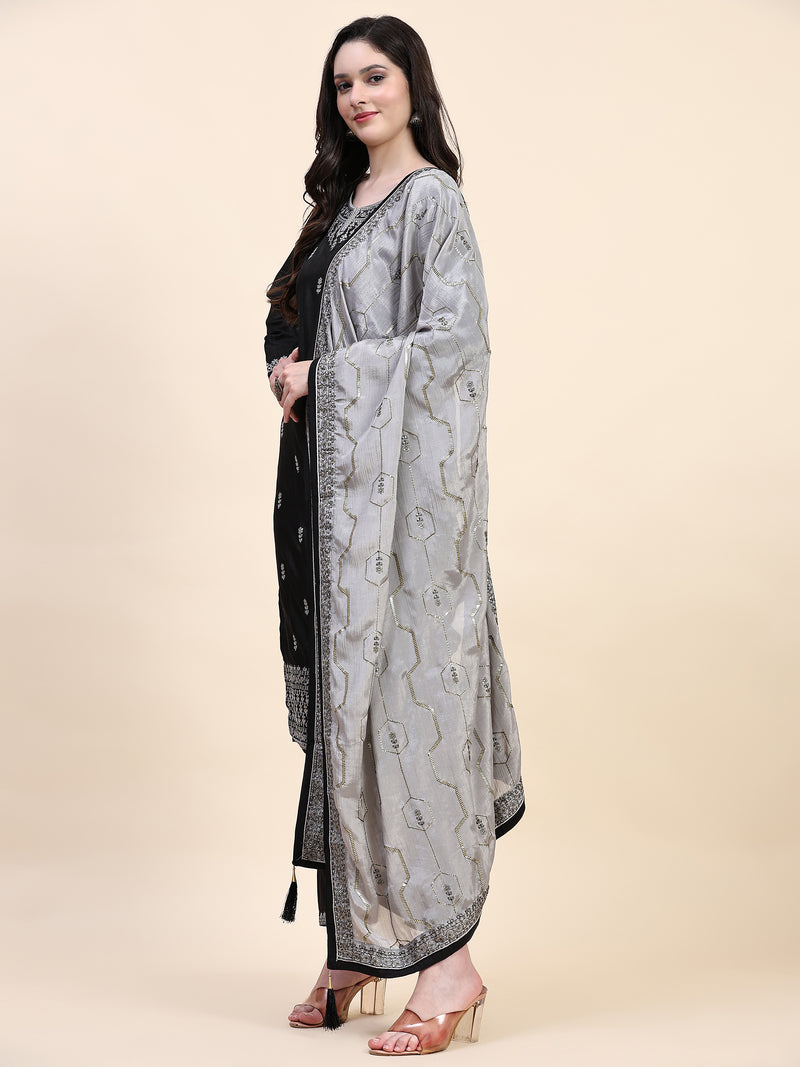Black Vichitra Silk Embroidery Salwar Suit Set Kurta Pant with Dupatta Black Kurta Set for Women's