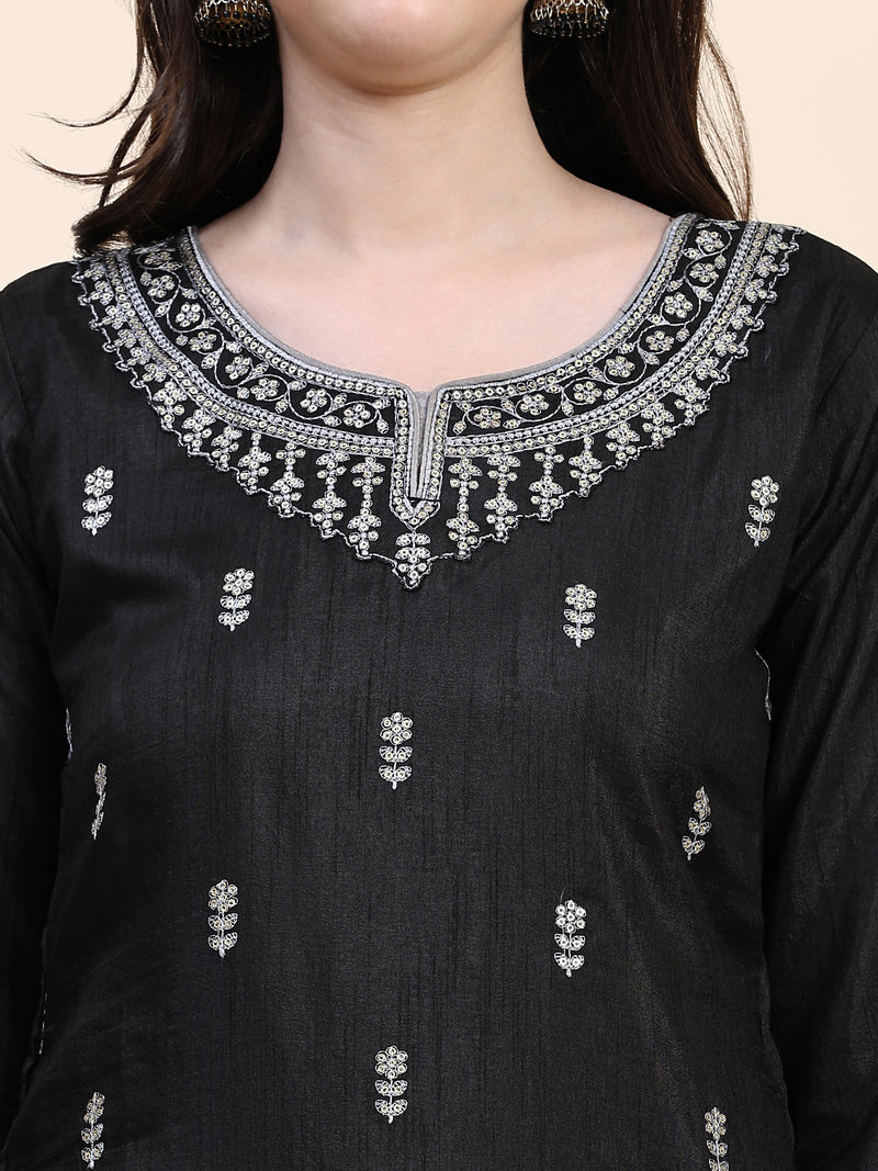 Black Vichitra Silk Embroidery Salwar Suit Set Kurta Pant with Dupatta Black Kurta Set for Women's