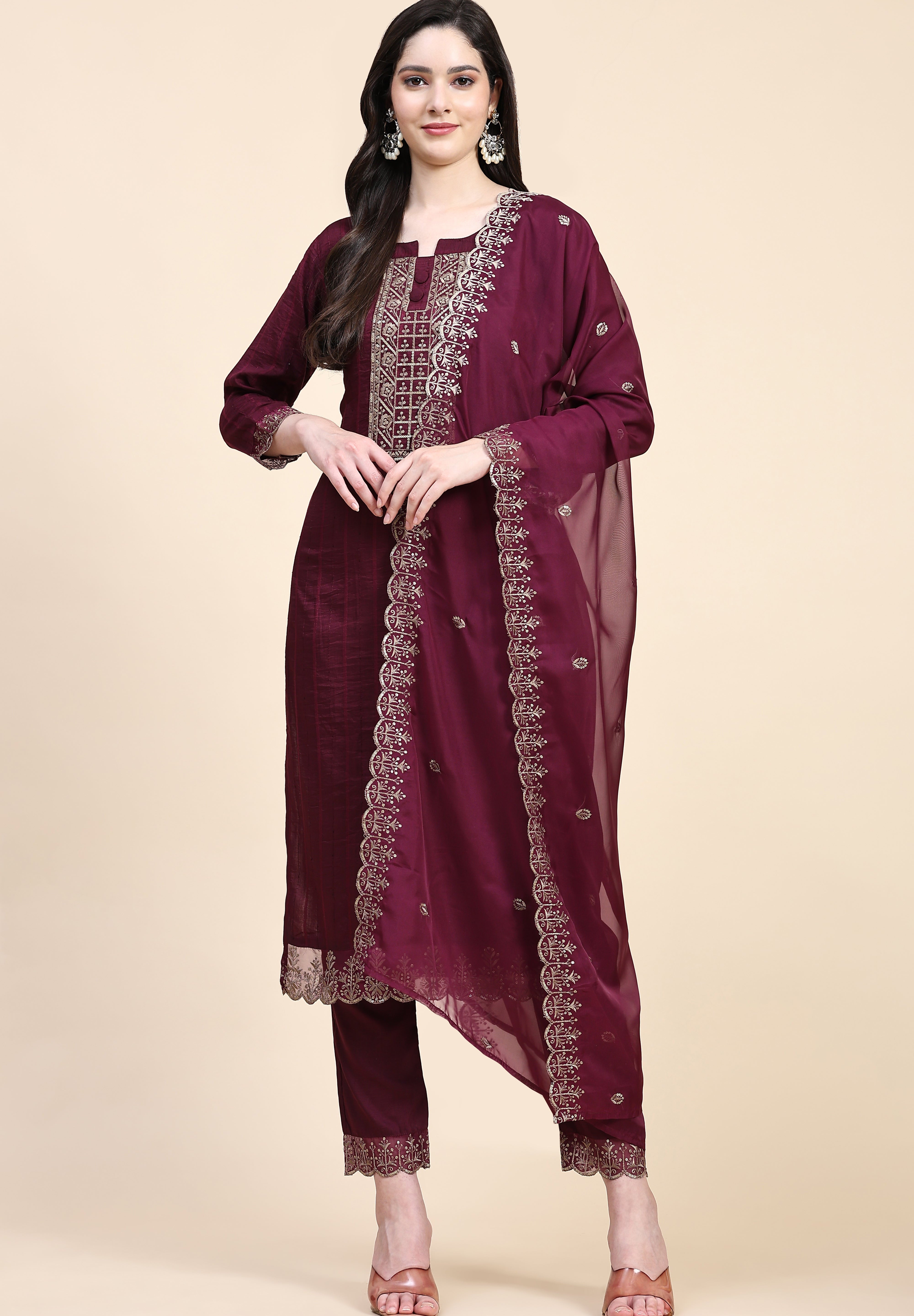 Purple Cotton Embroidery Salwar Suit Set with Dupatta for Women's Trendmallsin