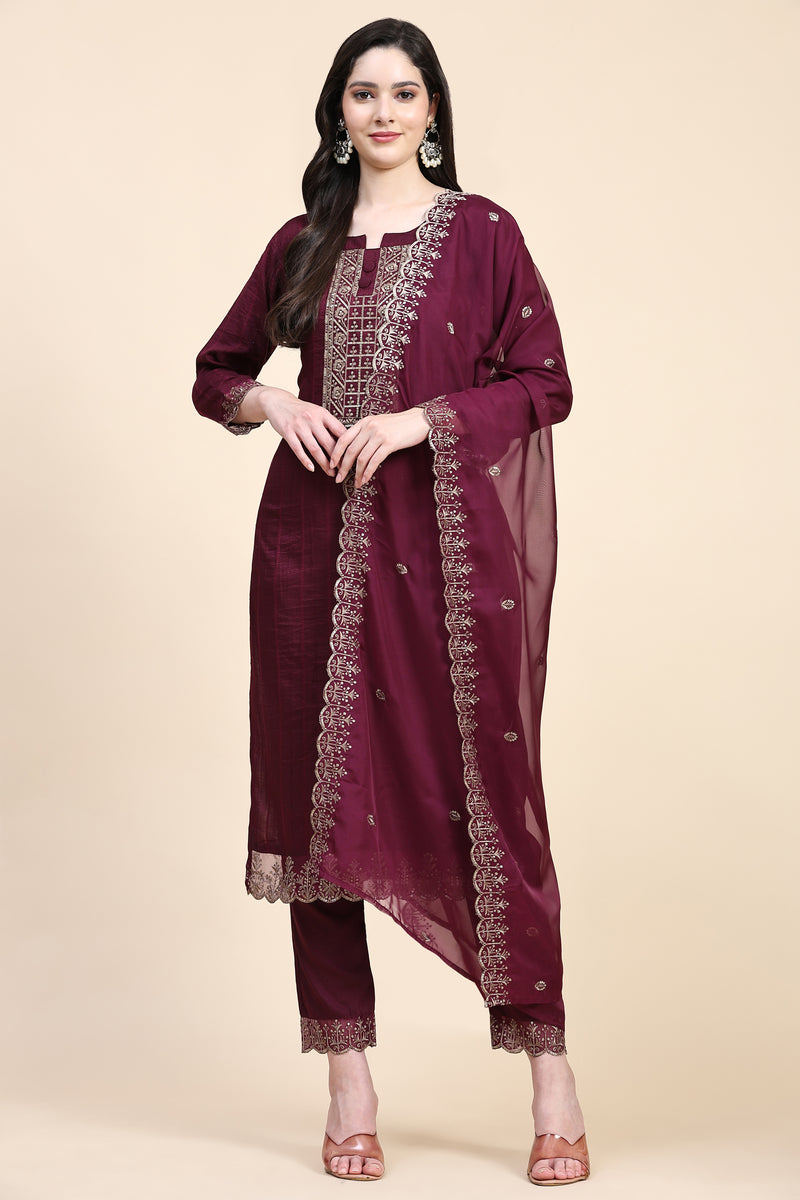 Purple Cotton Embroidery Salwar Suit Set with Dupatta for Women's