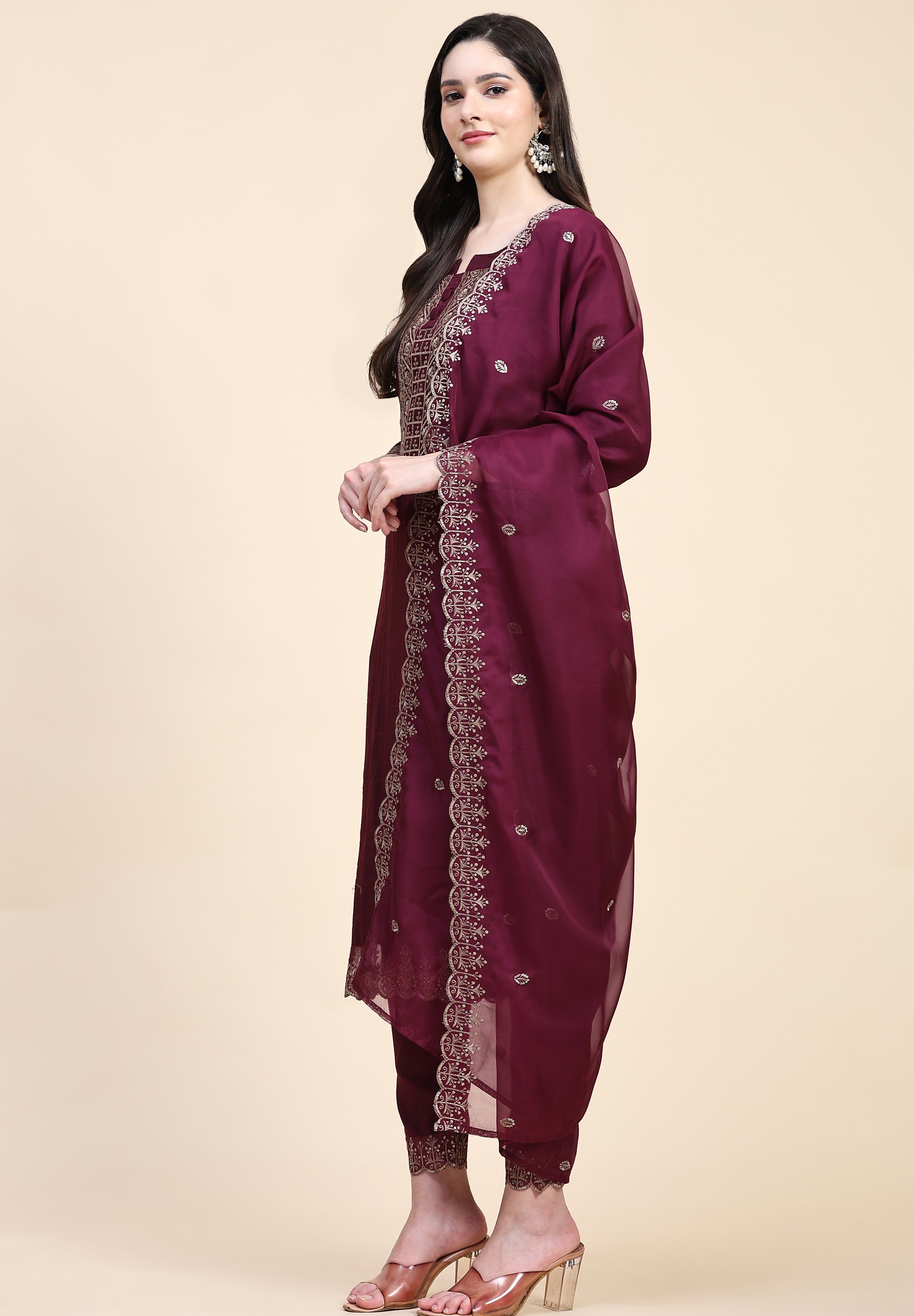 Purple Cotton Embroidery Salwar Suit Set with Dupatta for Women's Trendmallsin