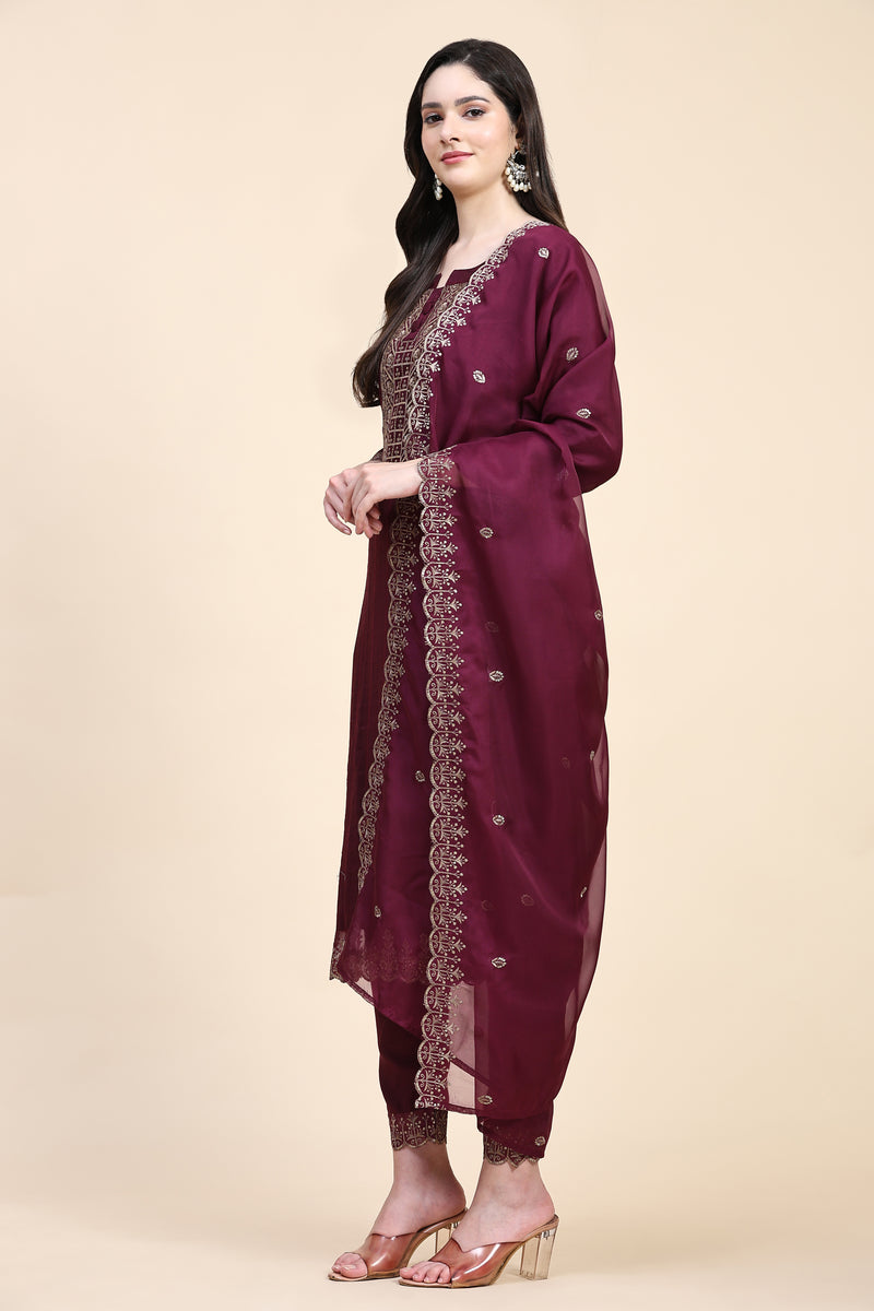 Purple Cotton Embroidery Salwar Suit Set with Dupatta for Women's