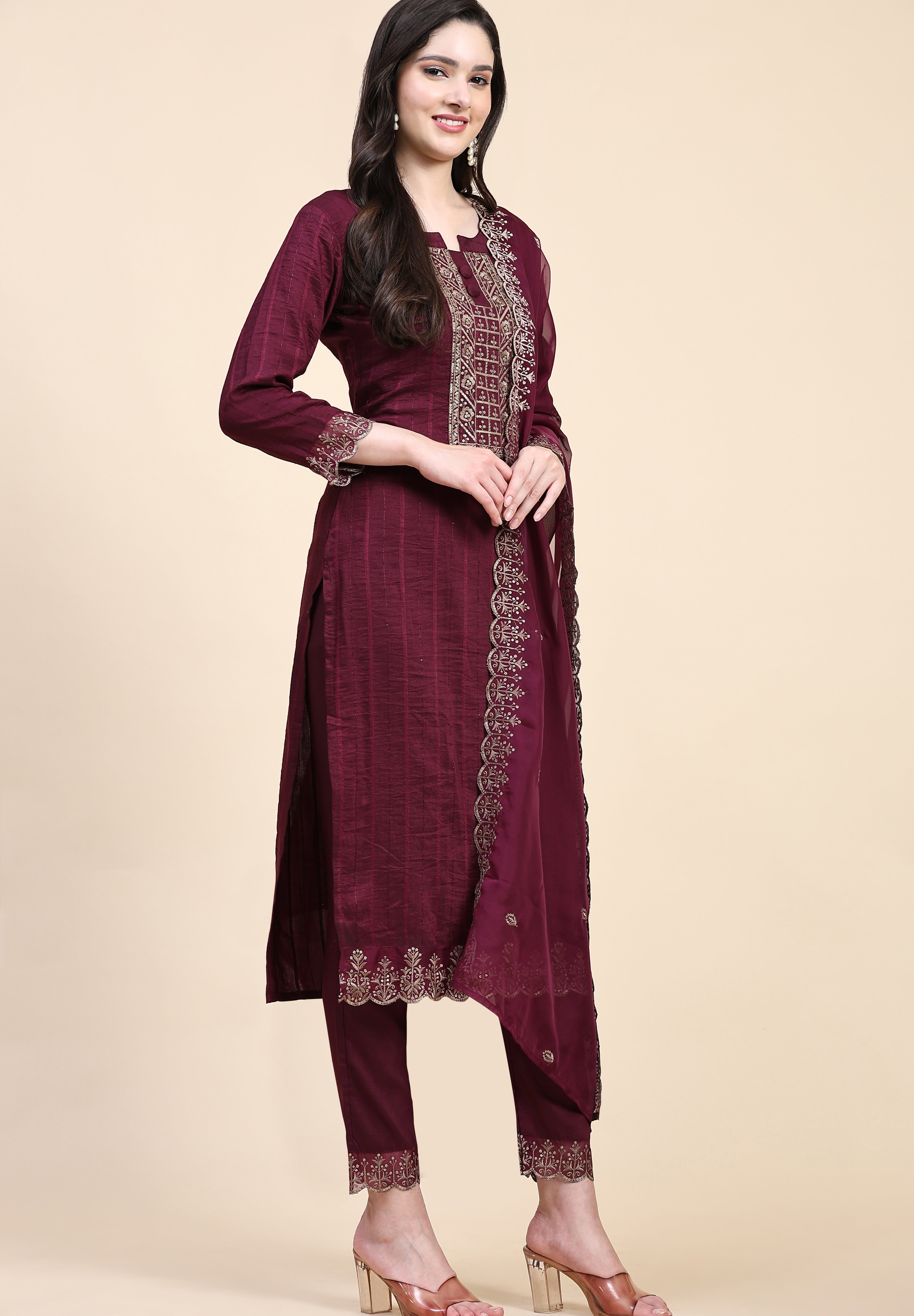 Purple Cotton Embroidery Salwar Suit Set with Dupatta for Women's Trendmallsin