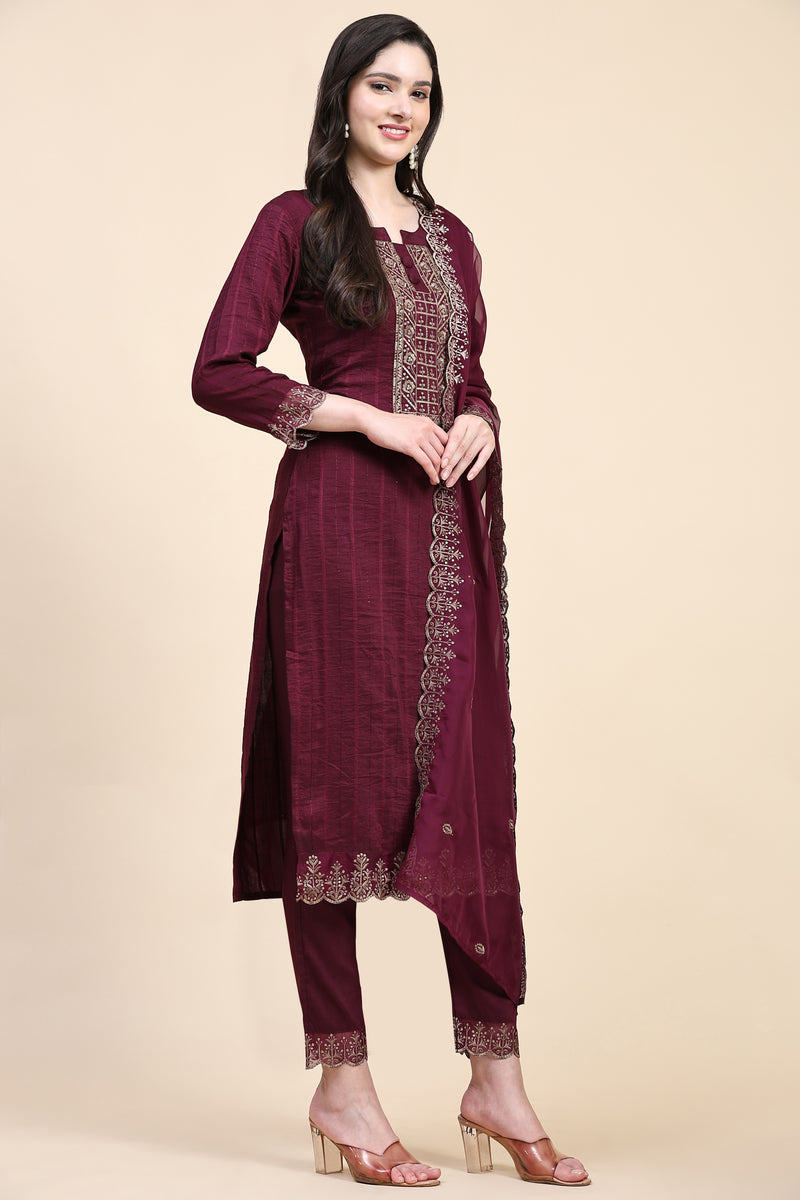 Purple Cotton Embroidery Salwar Suit Set with Dupatta for Women's