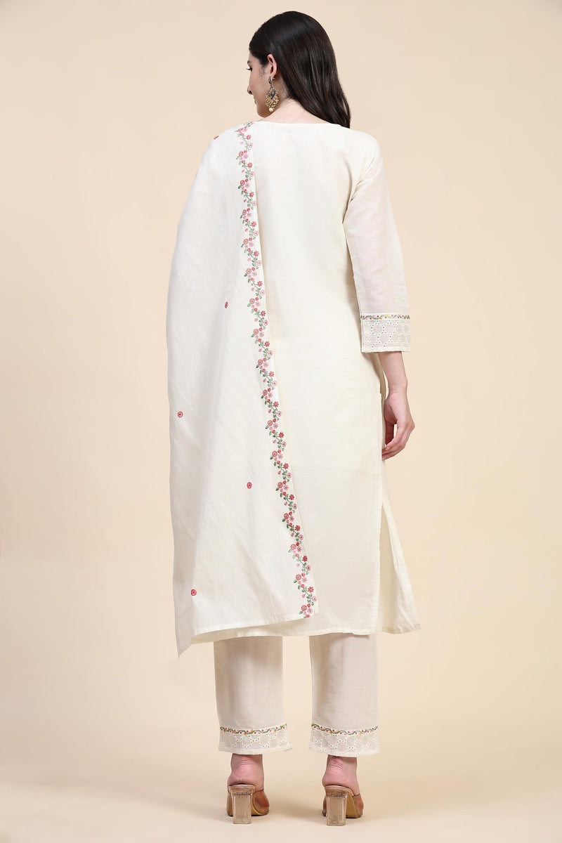 White Pure Cotton Schiffli  Embroidery Salwar Suit Set with Dupatta For Women's