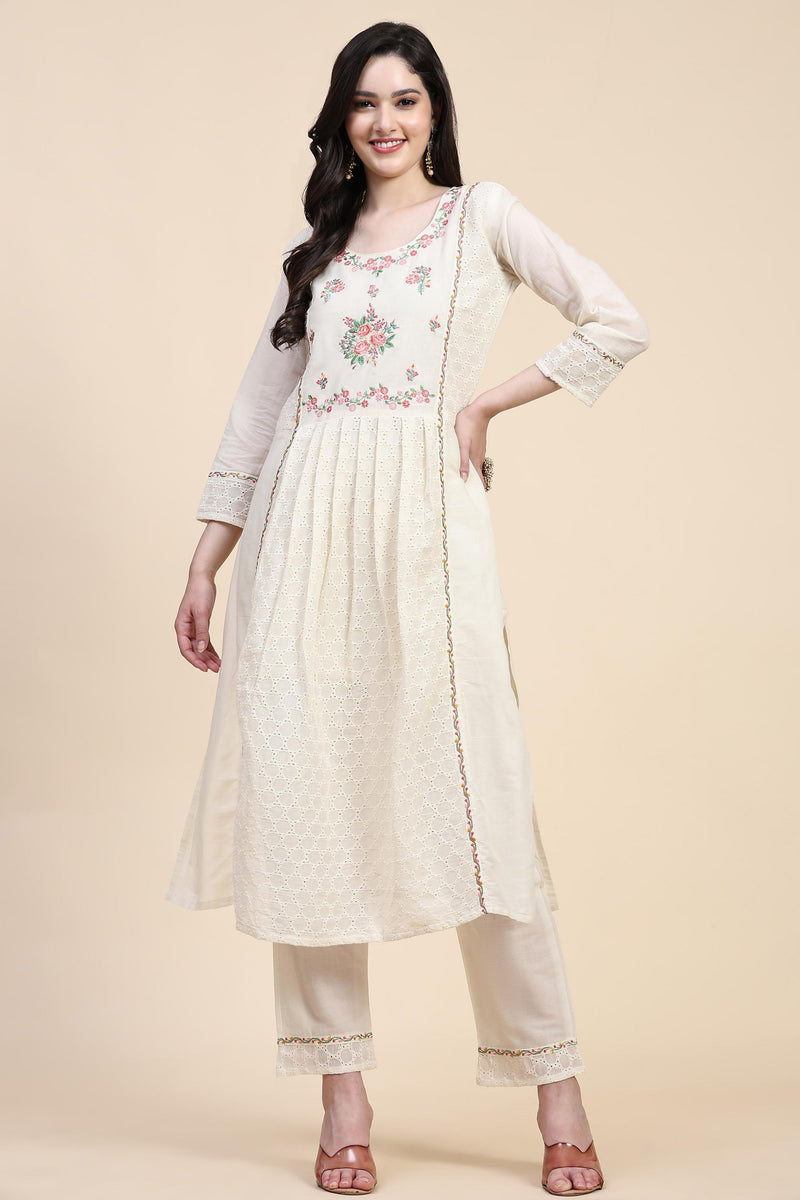 White Pure Cotton Schiffli  Embroidery Salwar Suit Set with Dupatta For Women's