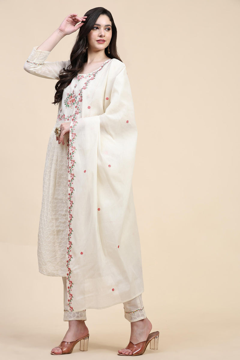 White Pure Cotton Schiffli  Embroidery Salwar Suit Set with Dupatta For Women's