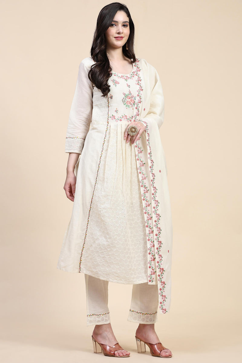 White Pure Cotton Schiffli  Embroidery Salwar Suit Set with Dupatta For Women's