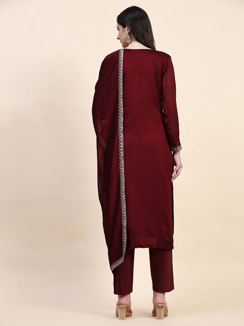 Maroon Vichitra Silk Embroidery Salwar Suit Set with Dupatta for Women's