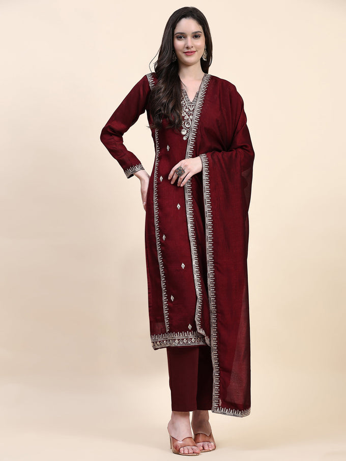 Maroon Vichitra Silk Embroidery Salwar Suit Set with Dupatta for Women's Trendmallsin