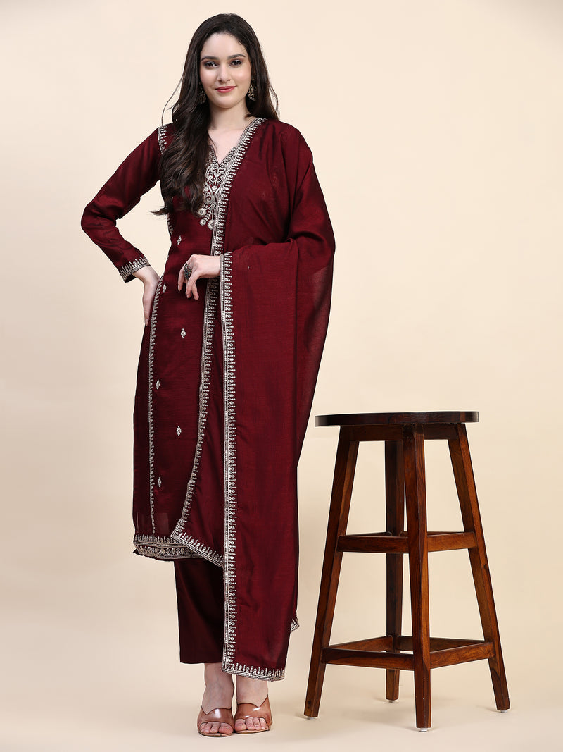 Maroon Vichitra Silk Embroidery Salwar Suit Set with Dupatta for Women's