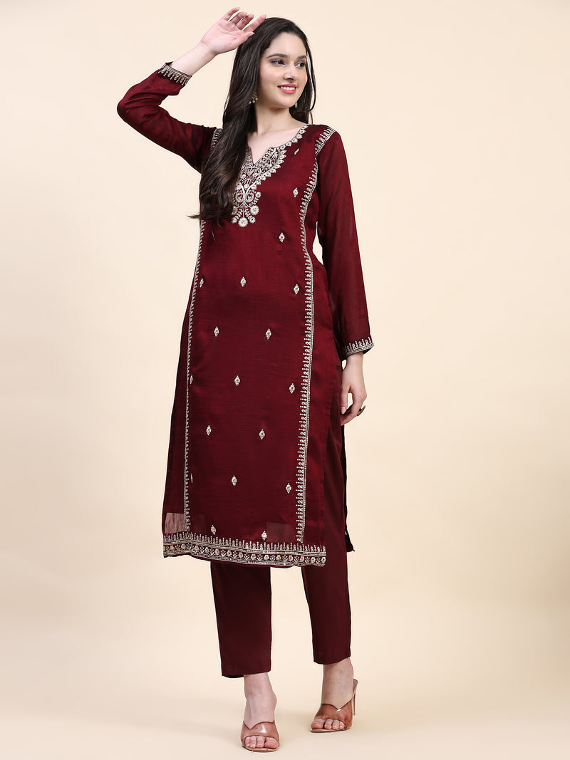 Maroon Vichitra Silk Embroidery Salwar Suit Set with Dupatta for Women's
