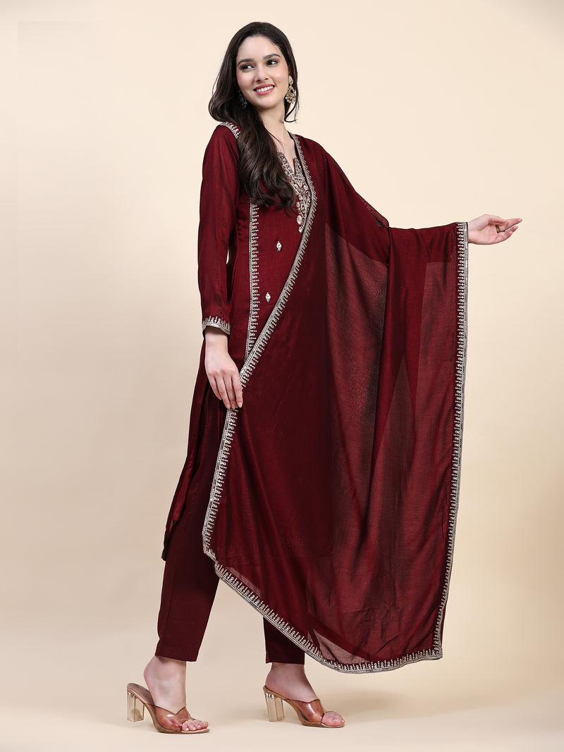 Maroon Vichitra Silk Embroidery Salwar Suit Set with Dupatta for Women's