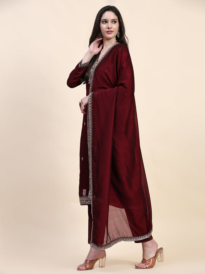 Maroon Vichitra Silk Embroidery Salwar Suit Set with Dupatta for Women's Trendmallsin
