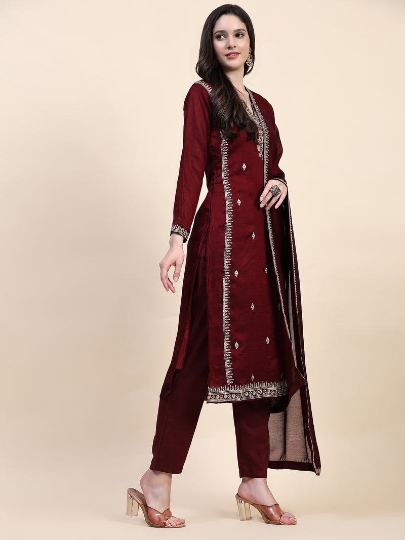 Maroon Vichitra Silk Embroidery Salwar Suit Set with Dupatta for Women's