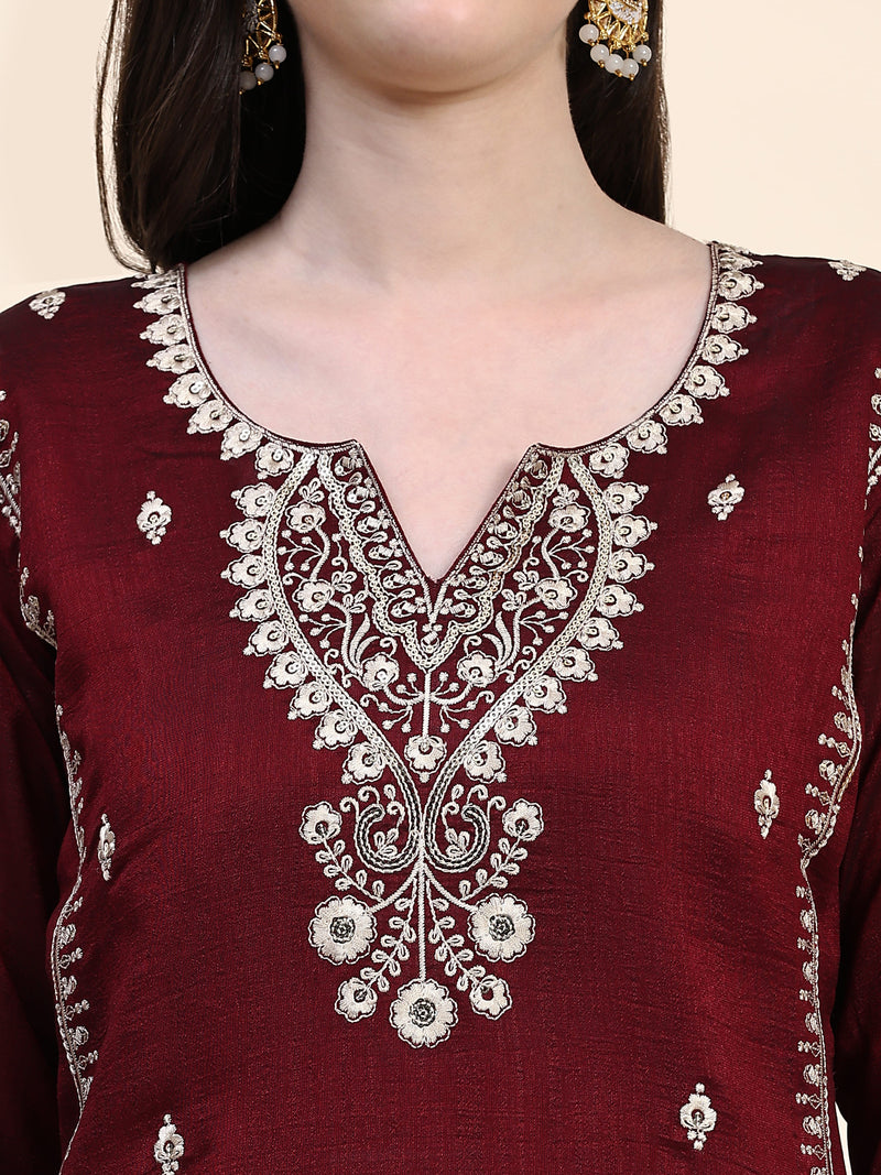 Maroon Vichitra Silk Embroidery Salwar Suit Set with Dupatta for Women's