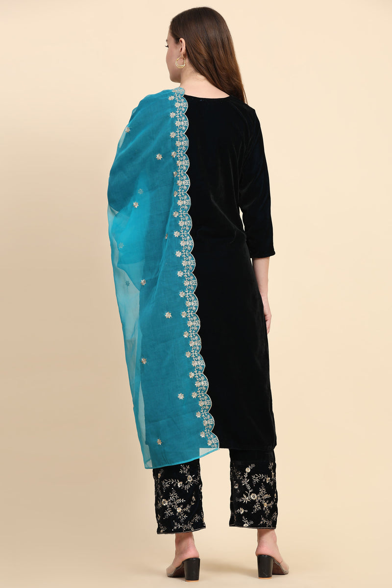 Blue Velvet Embroidery Salwar Suit Set with Dupatta For Women's
