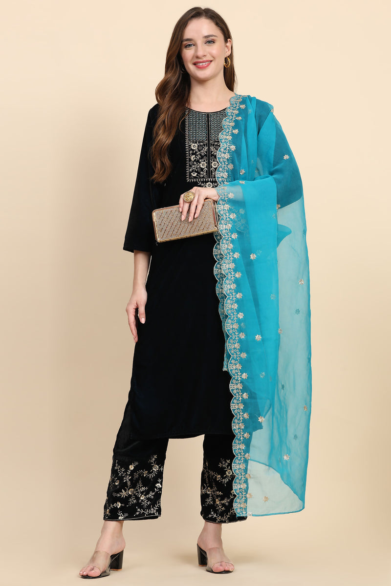 Blue Velvet Embroidery Salwar Suit Set with Dupatta For Women's