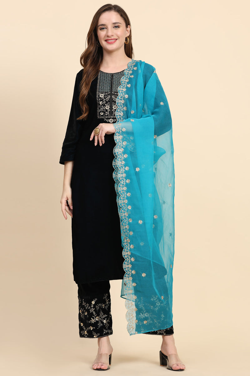 Blue Velvet Embroidery Salwar Suit Set with Dupatta For Women's