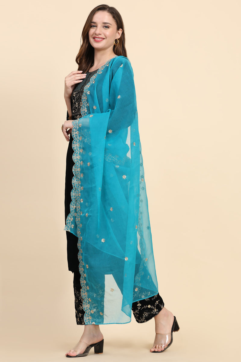 Blue Velvet Embroidery Salwar Suit Set with Dupatta For Women's