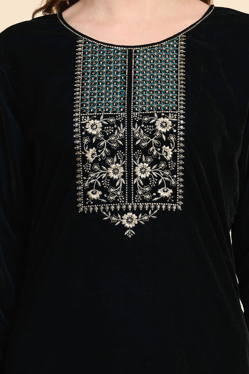 Blue Velvet Embroidery Salwar Suit Set with Dupatta For Women's
