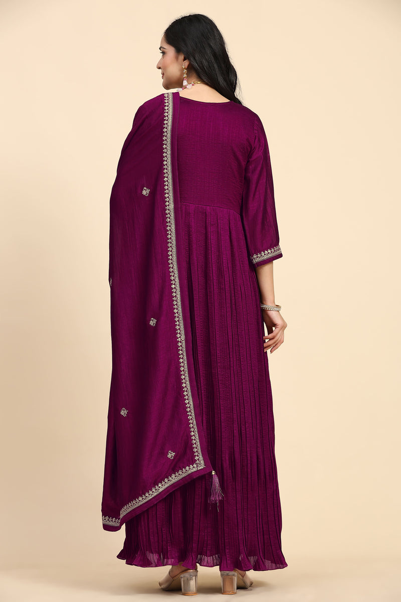 Purple Vichitra Silk Embroidery Anarkali  Salwar Suit Set with Dupatta For Women's