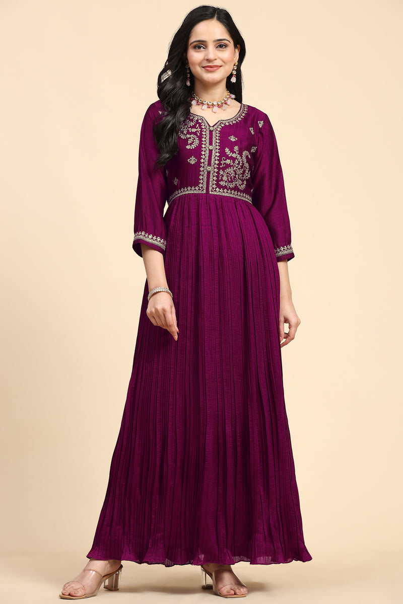 Purple Vichitra Silk Embroidery Anarkali  Salwar Suit Set with Dupatta For Women's