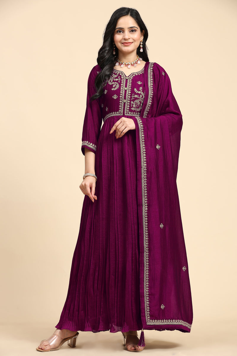 Purple Vichitra Silk Embroidery Anarkali  Salwar Suit Set with Dupatta For Women's