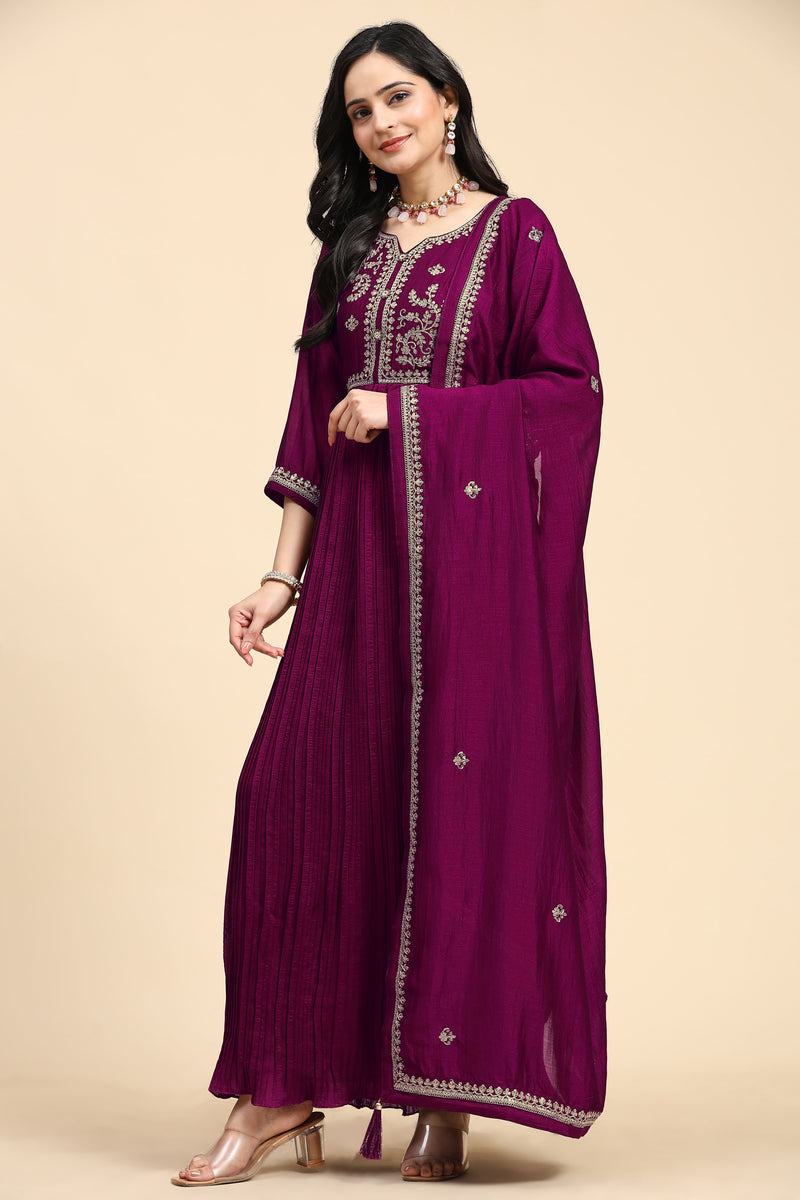 Purple Vichitra Silk Embroidery Anarkali  Salwar Suit Set with Dupatta For Women's