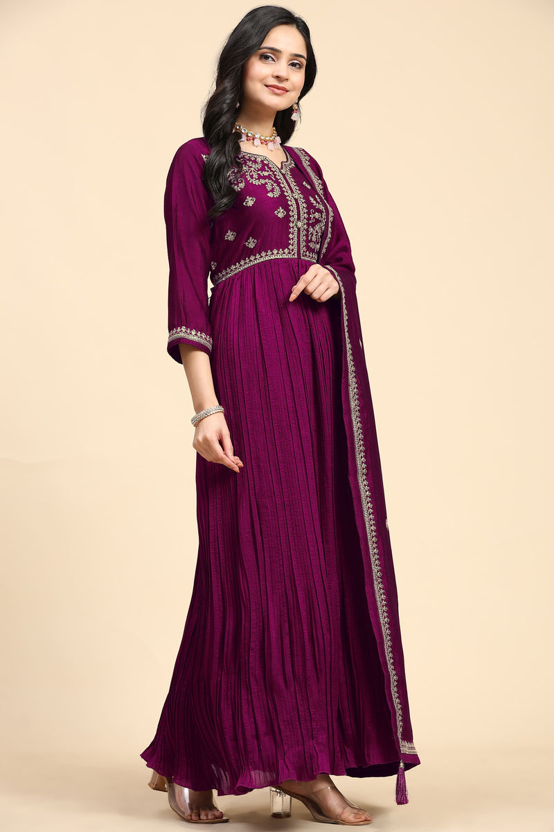 Purple Vichitra Silk Embroidery Anarkali  Salwar Suit Set with Dupatta For Women's