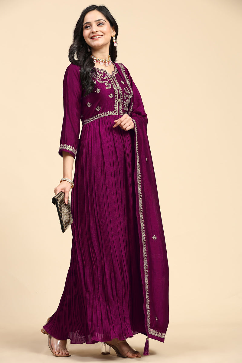 Purple Vichitra Silk Embroidery Anarkali  Salwar Suit Set with Dupatta For Women's