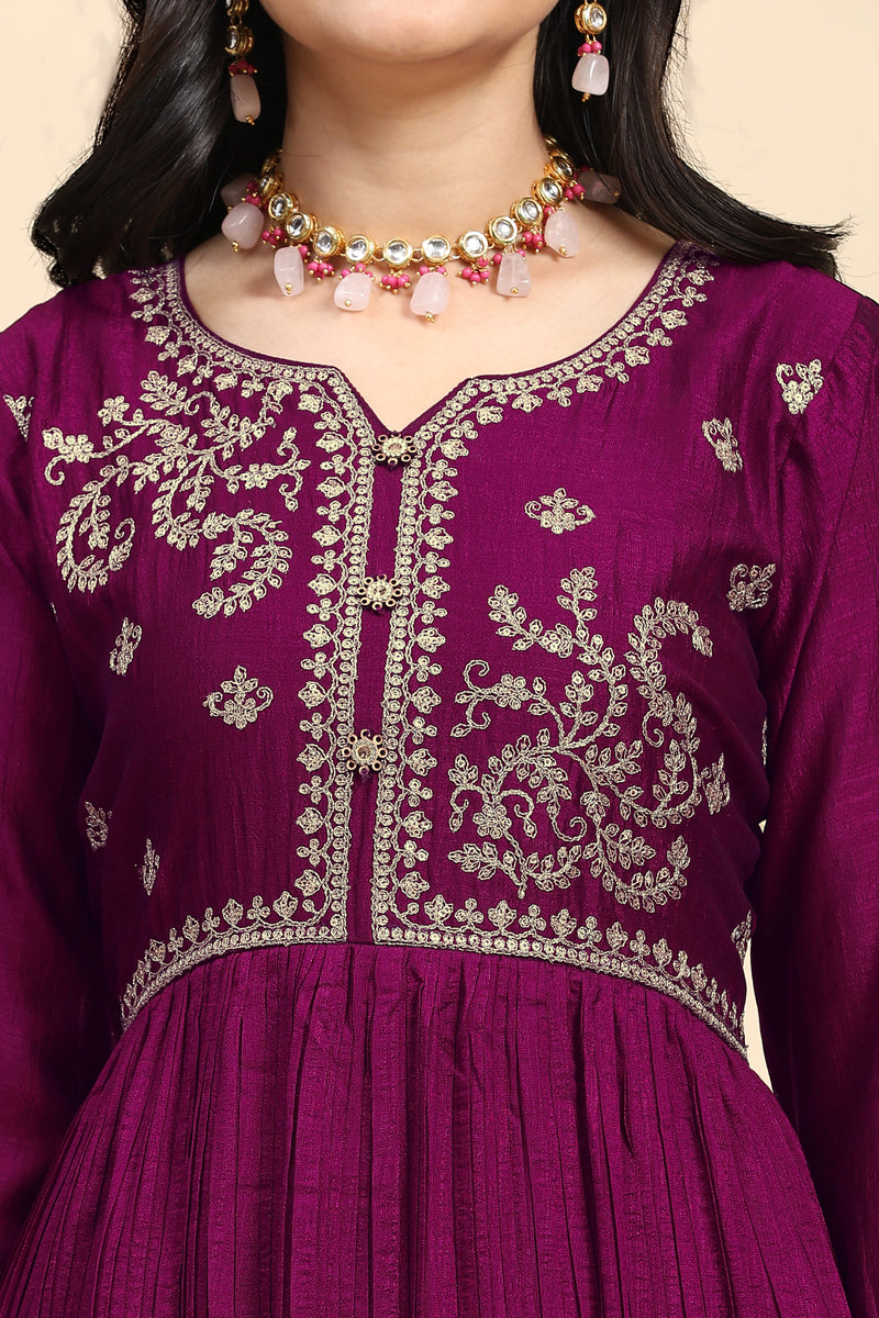 Purple Vichitra Silk Embroidery Anarkali  Salwar Suit Set with Dupatta For Women's