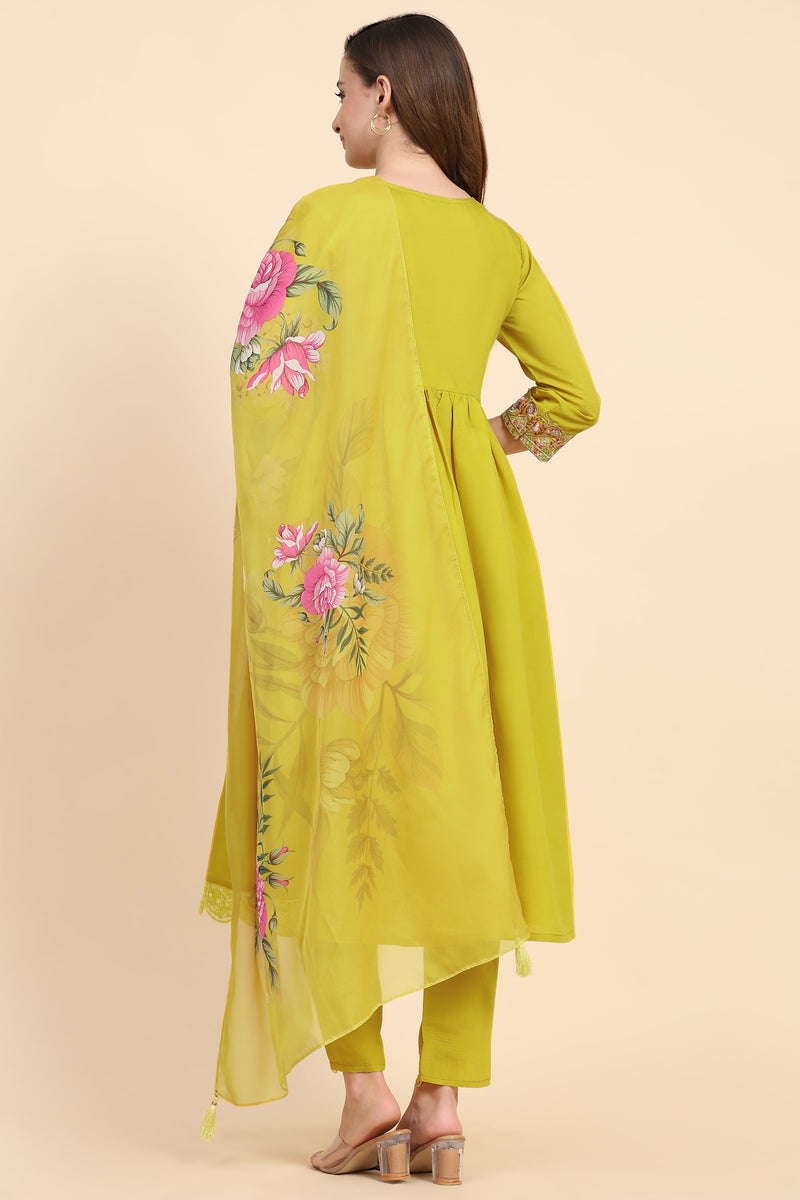 Yellow Satin Silk Embroidery Salwar Suit Set with Floral Printed Dupatta For Women's