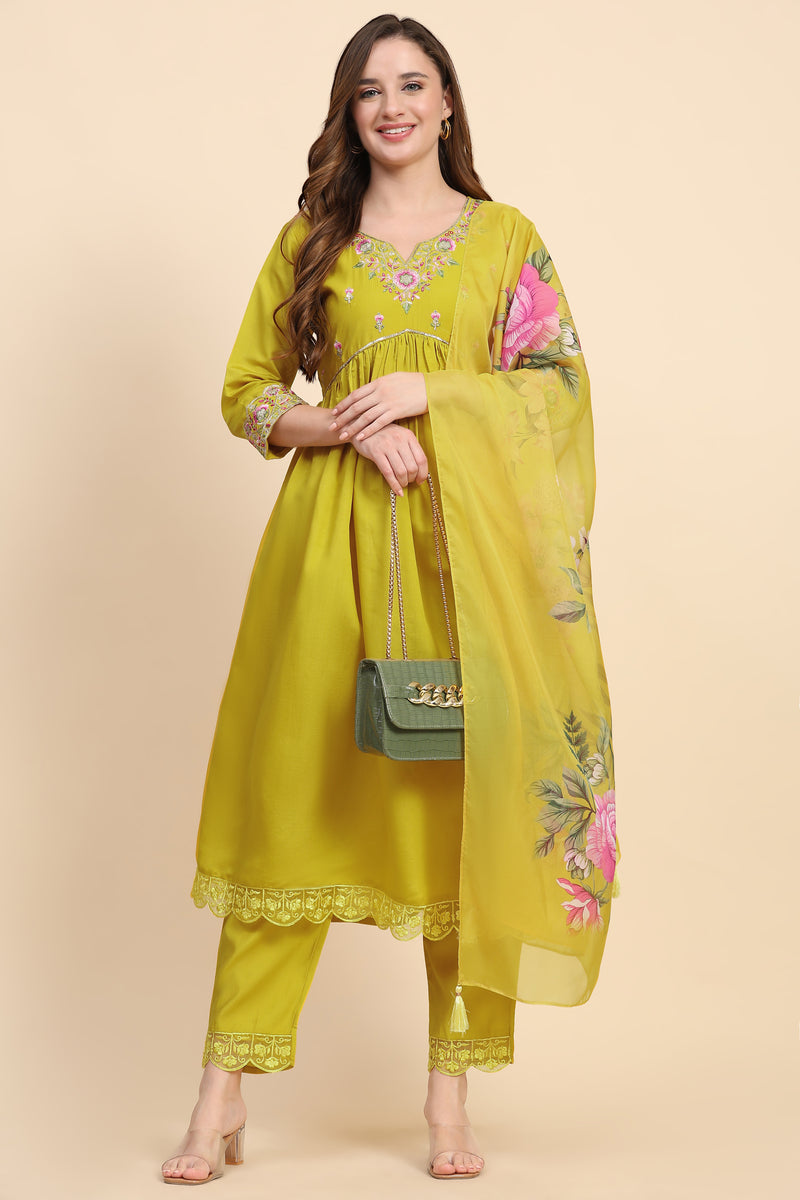 Yellow Satin Silk Embroidery Salwar Suit Set with Floral Printed Dupatta For Women's