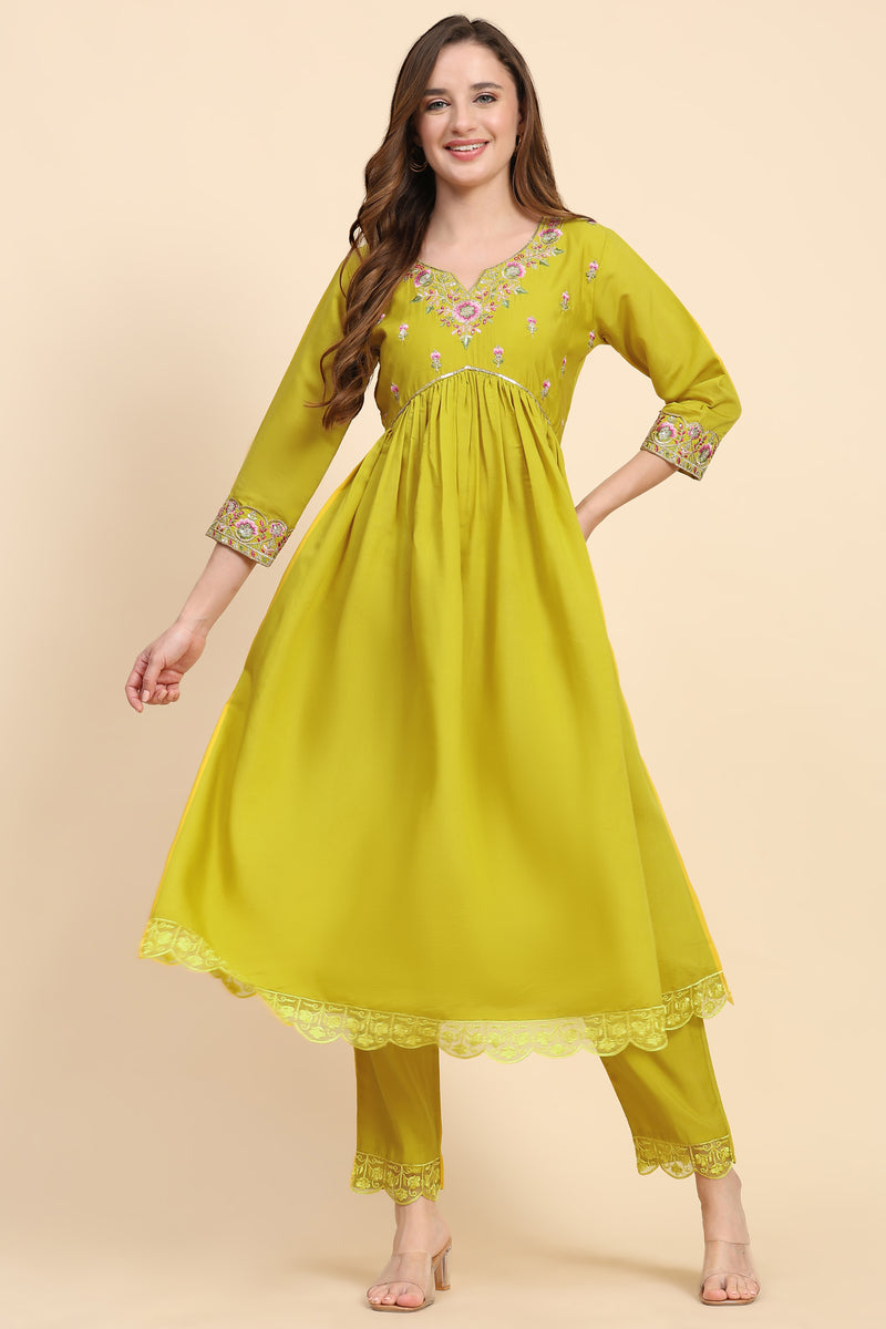 Yellow Satin Silk Embroidery Salwar Suit Set with Floral Printed Dupatta For Women's