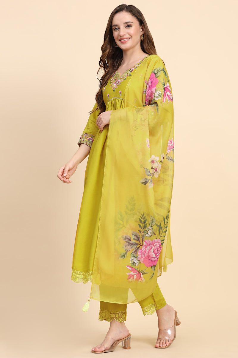 Yellow Satin Silk Embroidery Salwar Suit Set with Floral Printed Dupatta For Women's