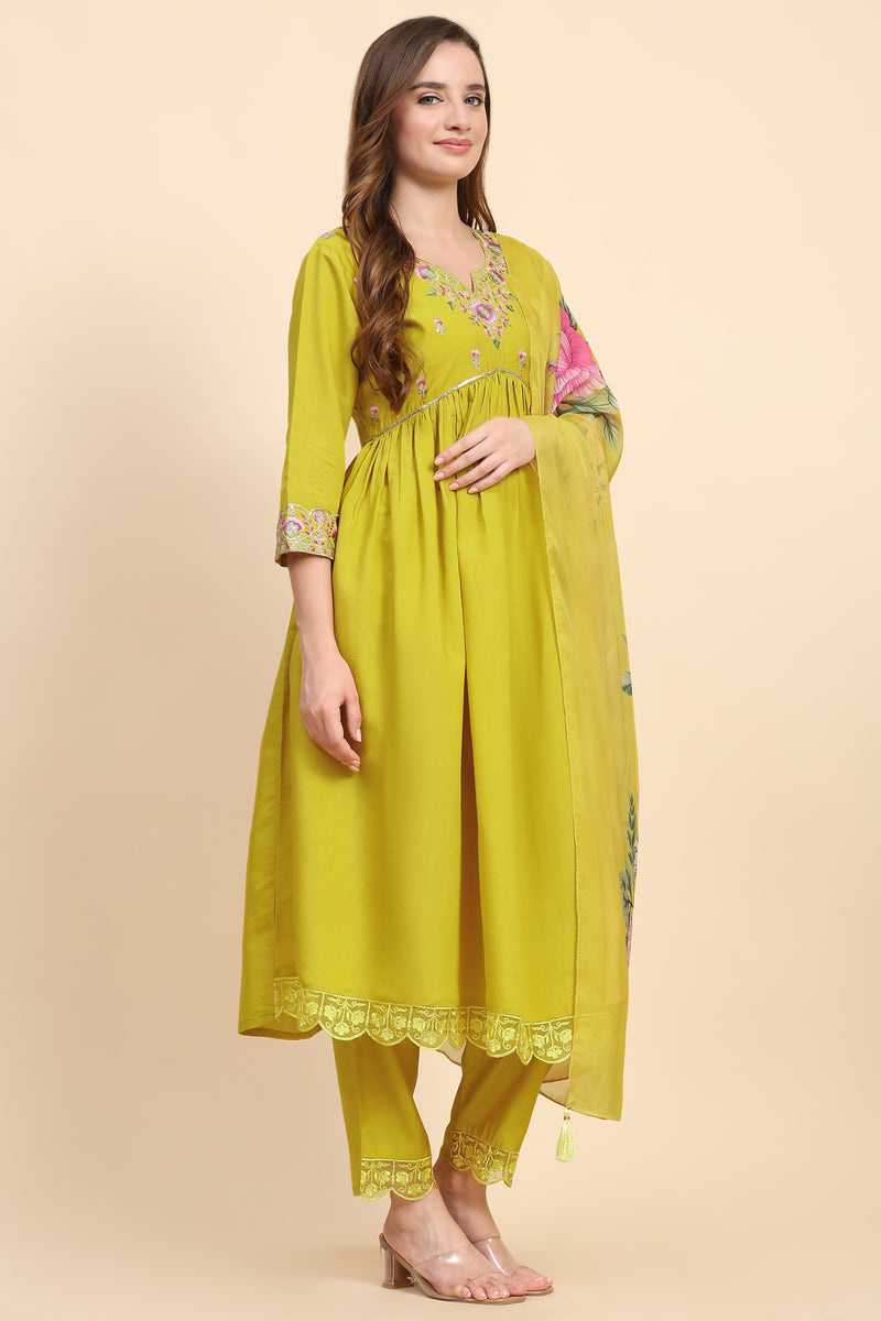 Yellow Satin Silk Embroidery Salwar Suit Set with Floral Printed Dupatta For Women's